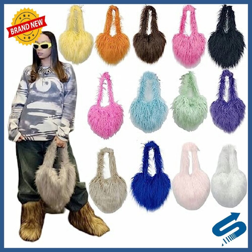 Faux Fur Fleece Shoulder Bag Crossbody Purse Retro Love Shape - Picture 8 of 8